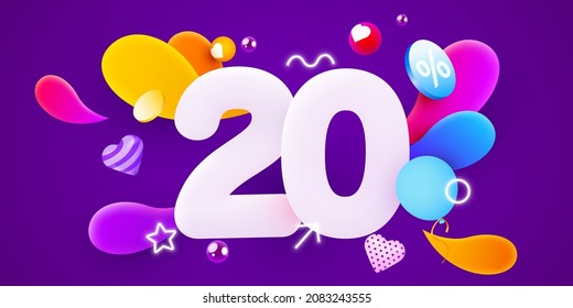 20 percent Off. Discount creative composition. 3d sale symbol with decorative objects. Sale banner and poster. Vector illustration.