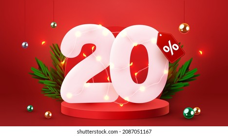 20 percent Off. Discount creative composition. 3d sale symbol with decorative objects. Sale banner and poster. Vector illustration.