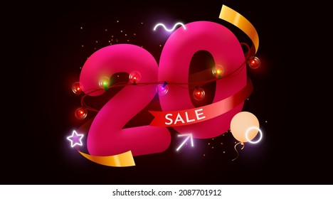 20% de descuento. Descubre la composición creativa. 3d símbolo de venta con objetos decorativos. Cartel y afiche de venta. Ilustración vectorial.