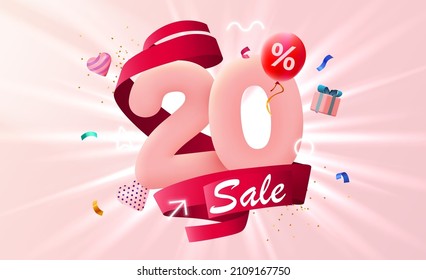 20 percent Off. Discount creative composition. 3d sale symbol with decorative objects, heart shaped balloons and gift box. Sale banner and poster. Vector illustration.