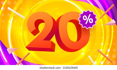 20% de descuento. Descubre la composición creativa. 3d símbolo de mega venta con objetos decorativos. Cartel y afiche de venta. Ilustración vectorial.