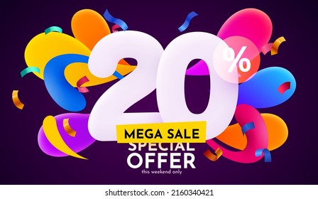 20% de descuento. Descubre la composición creativa. 3d símbolo de venta con objetos decorativos. Cartel y afiche de venta. Ilustración vectorial.