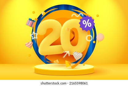 20 percent Off. Discount creative composition. Sale symbol with decorative objects. Sale banner and poster. Vector illustration.