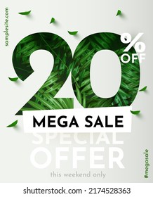 20% de descuento. Descubre la composición creativa. Cartel de venta de verano con objetos decorativos, hojas de palma y caja de regalo. Cartel y afiche de venta. Ilustración vectorial.