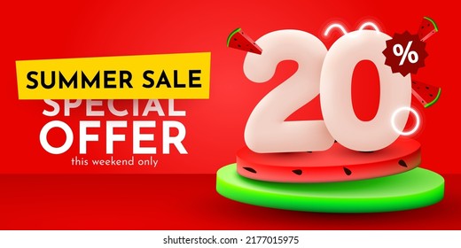 20 percent Off. Discount creative composition. Summer sale banner with watermelon. Sale banner and poster. Vector illustration.