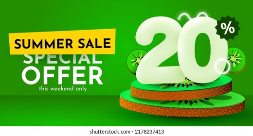 20 percent Off. Discount creative composition. Summer sale banner with kiwi. Sale banner and poster. Vector illustration.