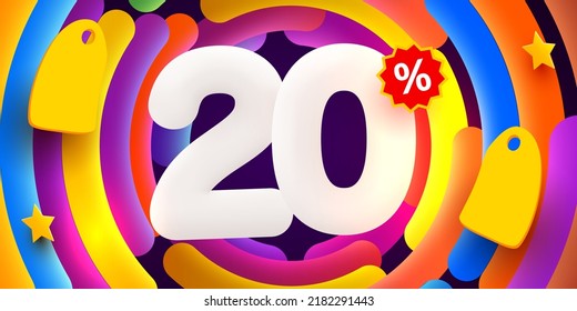 20 percent Off. Discount creative composition. 3d sale symbol with decorative objects. Sale banner and poster. Vector illustration.