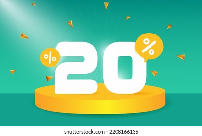 20 percent Off. Discount creative composition. 3d sale symbol with decorative objects, podium. Sale banner and poster