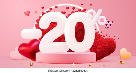 20 percent Off. Discount creative composition. 3d sale symbol with decorative objects. Valentine's day promo. Sale banner and poster. Vector illustration.