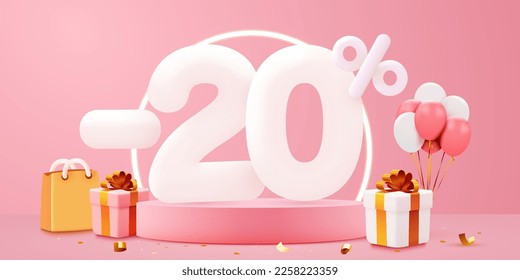 20 percent Off. Discount creative composition. Sale symbol with decorative objects, balloons and gift box. Sale banner and poster. Vector illustration.