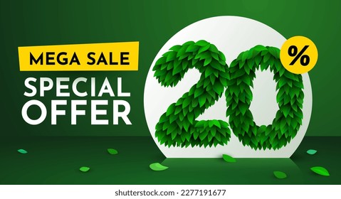 20 % Rabatt. Discount Creative Komposition. Verkaufsprospekt mit Schrift aus Blättern. Verkaufen Sie Banner und Poster. Vektorgrafik.
