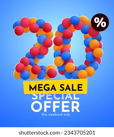 20% de descuento. Descubre la composición creativa. Mega venta. Ilustración vectorial.