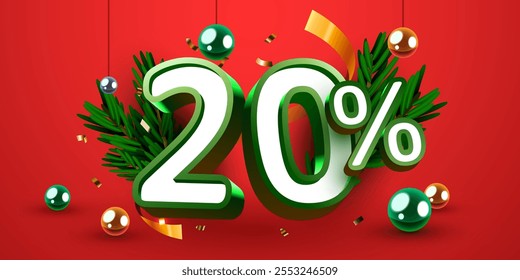 20 por ciento de descuento. Descuento en composición creativa. Felices Navidades y Feliz Año Nuevo. Venta Anuncio y cartel. Ilustración vectorial.