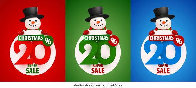 20 percent Off. Discount creative composition with snowman in hat. Merry Christmas and Happy New Year. Sale banner set. Vector illustration.