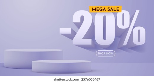 20 percent Off. Discount creative composition. Product presentation, mock up, podium. Sale banner and poster. Vector illustration.