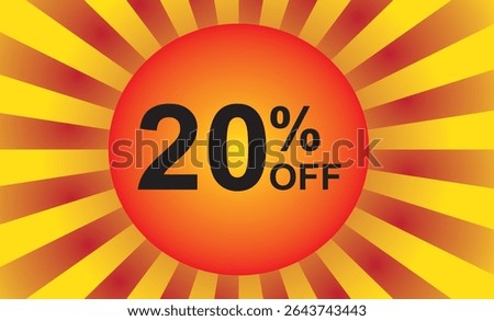 20 percent off. Discount on your price. Number in black color and background composed of a graphic element representing a sun with rays in red and yellow