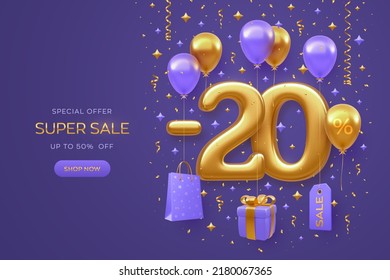 20 percent Off discount promotion Sale banner design on purple background. Realistic gold 3D 20 number with shopping bag, price tag, gift box with golden bow, fly helium balloons. Vector illustration.