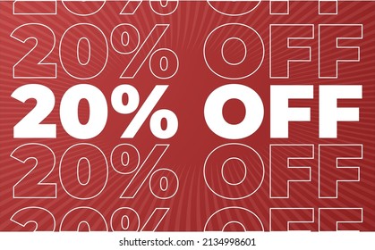 20% percent off discount red and white outline with retro sunburst rays for discounts, promotion and offers