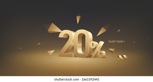 20 percent off discount sale background. 3D golden numbers with percent sign and arrows. Promotion template design.
