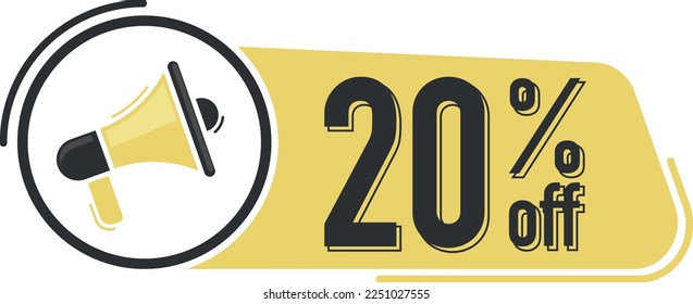 20 percent off discount. Sale promo banner. Megaphone message with text on yellow background. Megaphone banner. Web design.