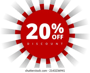 20 percent off discount. Special offer sale 20 percent off. Sale discount offer. Vector modern promotion banner twenty percent discount in red circle on white background with halftone dots and lines.