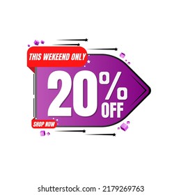 20% percent off discount, special offer, design template with purple light banner, discount label(shop now), app icon. vector illustration, 
