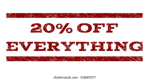 20 Percent Off Everything watermark stamp. Text caption between horizontal parallel lines with grunge design style. Rubber seal stamp with dirty texture.