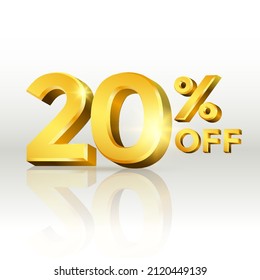 20 percent off glossy gold text vector in 3d style isolated on white background with reflection for marketing design