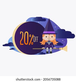 20 percent off - Halloween - Cute Little Red-haired Witch Cartoon sitting on the broom in the starry night, with clouds and a big discount tag.