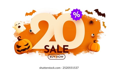 20 percent off. Halloween sale banner template. Podium and numbers with amount of discount. Special October offer. Vector illustration.