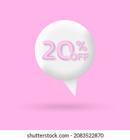 20 percent off icon or label. 3d Speech bubble discount banner isolated on pink background. Modern balloon shape text blank design. Vector illustration.