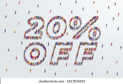 20 Percent off. Large group of people form to create a shape20% off. Special Offer Sale Design. Vector Illustration of advertising banner.
