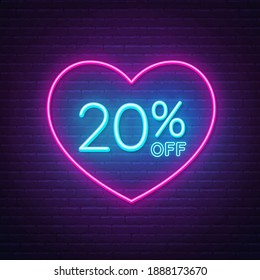 20 percent off neon sign in a heart shape frame. Valentine day discount lighting design.