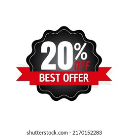 20% percent off, offer, with red banner design and black discount sticker, mega sale, vector illustration