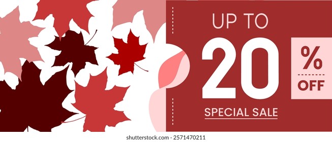 20% percent off red special sale autumn dry leaf banner, up to, modern, fashion, flat, nature, abstract