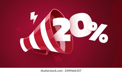 20 percent off. Sale banner with 3D megaphone. Vector illustration
