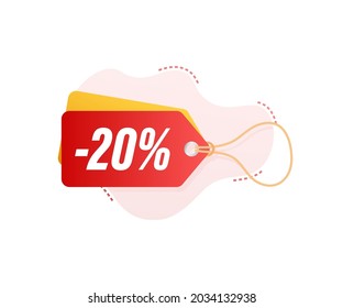 20 percent OFF Sale Discount tag. Discount offer price tag. 10 percent discount promotion flat icon with long shadow. Vector illustration.