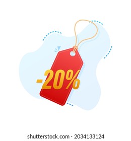 20 percent OFF Sale Discount tag. Discount offer price tag. 10 percent discount promotion flat icon with long shadow. Vector illustration.