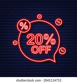 20 percent OFF Sale Discount Banner. Neon icon. Discount offer price tag. Vector illustration.