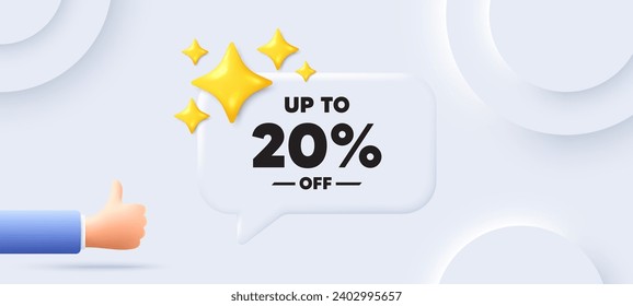 Hasta un 20% de descuento. Fondo neutral con burbuja de habla de chat. Signo de precio de oferta de descuento. Símbolo de oferta especial. Ahorra 20 por ciento. Mensaje de voz de etiqueta de descuento. Vector