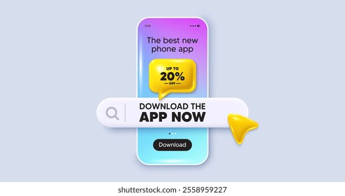 Up to 20 percent off sale. Phone mockup screen. Download the app now. Discount offer price sign. Special offer symbol. Save 20 percentages. Phone download app search bar. Vector