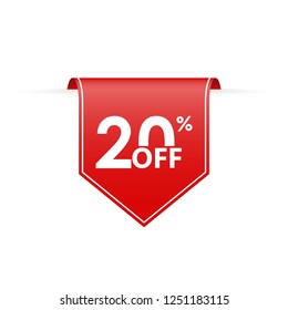 20 percent off. Sale tag ribbon or pennant. Price off and discount badge. Vector illustration.