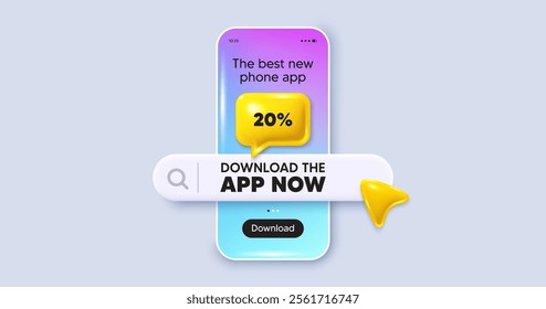 20 percent off sale tag. Phone mockup screen. Download the app now. Discount offer price sign. Special offer symbol. Phone download app search bar. Discount text message. Vector