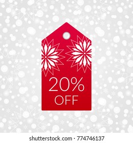 20 percent off shopping tag vector icon. Isolated discount symbol. Illustration sign for winter sale. Decorative Christmas background with snowflakes, sparkles, lights 