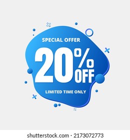 20% percent off, special (offer), limited time only. 3D light blue bubble design. Super discount online coupon. vector illustration, Twenty 