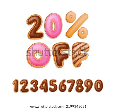 20 percent off - special offer donut lettering illustration. Donuts themed vector typography design element. Happy hours, sales, special price template with set of numbers.