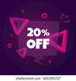20 percent off. Speech bubble banner with 20 percent off text. Glassmorphism style. For business, marketing and advertising. Vector on isolated background. EPS 10.