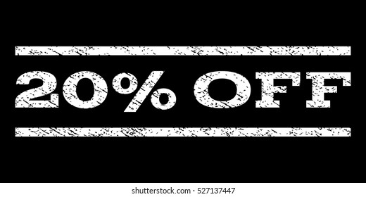 20 Percent Off watermark stamp. Text caption between horizontal parallel lines with grunge design style. Rubber seal white stamp with dust texture. Vector ink imprint on a black background.