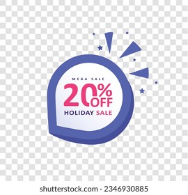 20 percent off written on price tag. Holiday Sale Banner, 20% OFF Special Offer Ad. Discount Offer Price Label on isolated transparent grid backgrounds