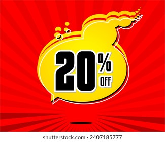 20 percent off, yellow special offer balloon with red background and black number.